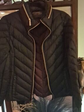 Michael Kors Black Quilted Puffer Jacket with Gold Trim